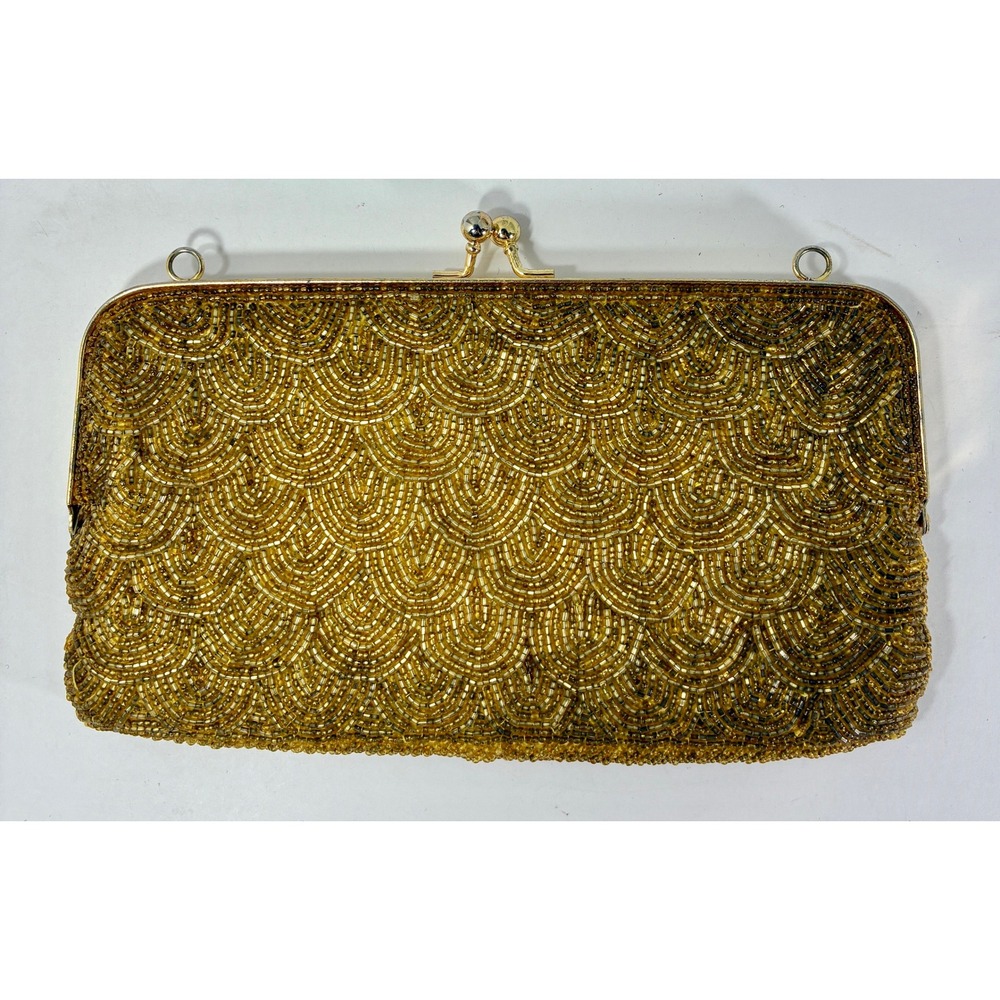 Vintage Gold Beaded Clutch Scallop Shell Pattern Evening Bag Kiss Lock Hong Kong